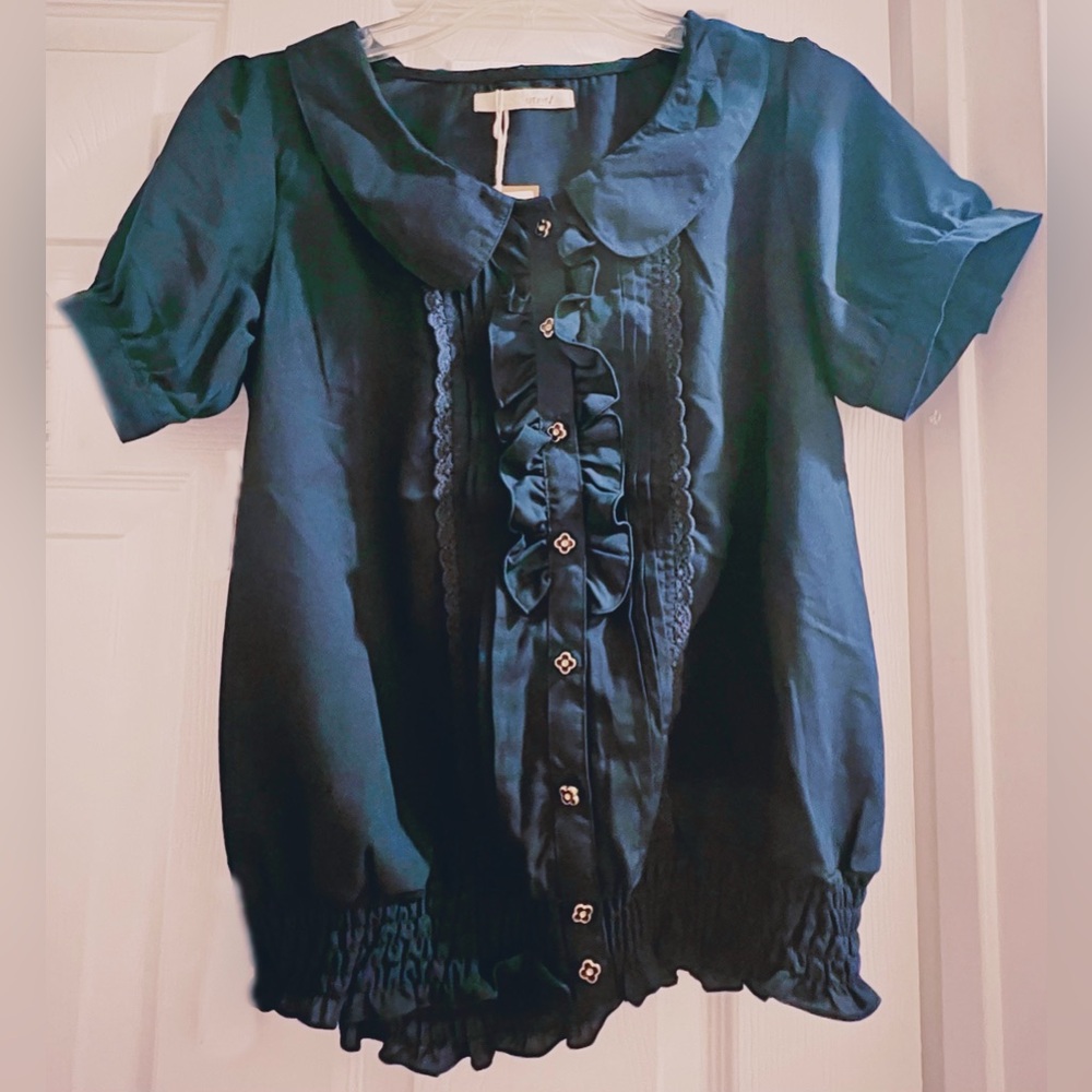 Jirai kei Ryosan J-fashion Harajuku Navy Blue Ruffle Top w Flower Buttons